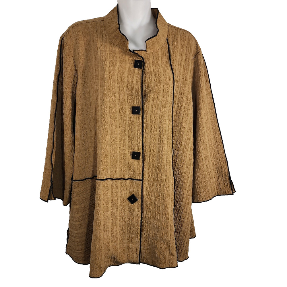Ali Miles Jacket XL Textured Button Front 3/4 Sleeve Brown Black Piping Artsy
